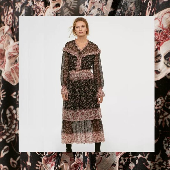H&M Dresses & Skirts - H&M Dark Floral Dress Black Red Tier Maxi Ruffle Long Sleeve Prairie